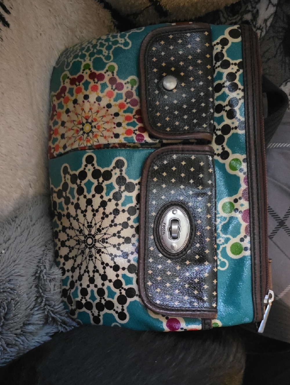 Vintage Coated Canvas Geometric Colorful Crossboyd Shoulder Bag Purse Fossil